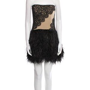 HAUTE HIPPIE OSTRICH FEATHER TRIM SILK LACE PATTERN DRESS SIZE M